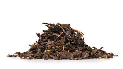 Heap of fermented dry leaves of willow-tea isolated on white background, side view. Photo stacking