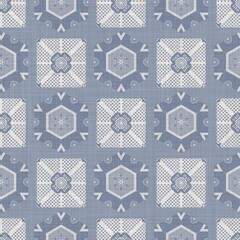 Seamless french farmhouse linen geometric block print background. Provence blue gray rustic pattern texture. Shabby chic style old woven blur textile all over print.