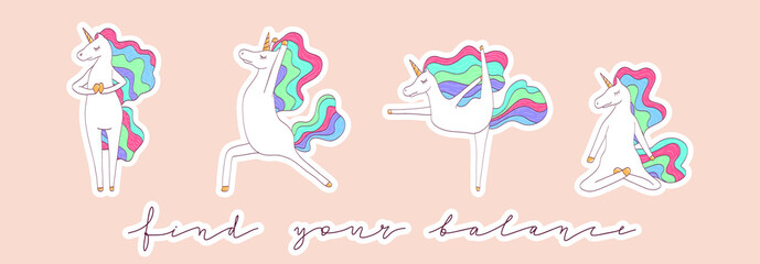 Cute vector unicorn doing yoga sticker set.