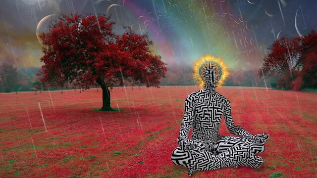 Man with flaming halo meditates in lotus pose in unreal landscape
