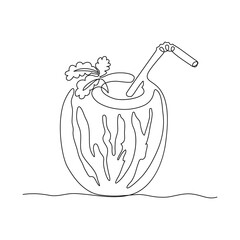 Continuous line drawing. Coconut cocktail with straw and mint leaf. Black isolated on white background. Hand drawn vector illustration. 