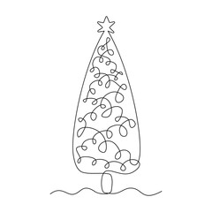 Continuous line drawing. Christmas tree with decorations. Coniferous tree with festive garland. Fir-tree of simple shape. Black isolated on white background. Hand drawn vector illustration. 