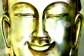 Buddha face shimmering green and golden