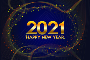 Happy new year 2021. Blue banner design. Elegant gold text and highlights. Abstract particle and waves background. 