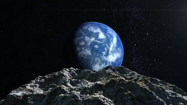 A dangerous asteroid is slowly approaching Earth. Starry sky. 4K. Stars twinkle. 3d rendering.