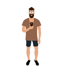 Fototapeta premium Hipster man making selfie. Cartoon character with beard in brown t-shirt and black shirts. EPS 10 Vector.