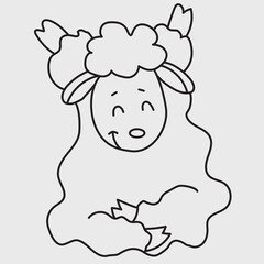 Yoga pets. A cute funny sheep go in for sports and gymnastics, sit in an asana and meditates. Sheep yoga - decorative drawing. Vector illustration. Outline, Line, contour. Farm animal logo