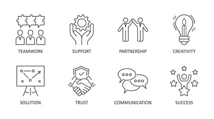 Vector collaboration icons. Editable stroke. Teamwork problem solving solution partnership. Trust communication creativity success support. Stock illustration - 391077988