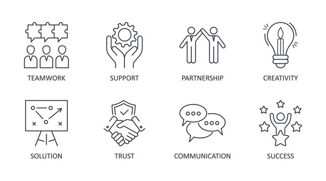 Vector collaboration icons. Editable stroke. Teamwork problem solving solution partnership. Trust communication creativity success support. Stock illustration