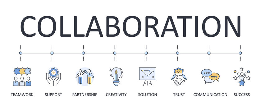 Vector banner collaboration. Editable stroke icons. Trust communication creativity success support. Teamwork problem solving solution partnership. Stock illustration
