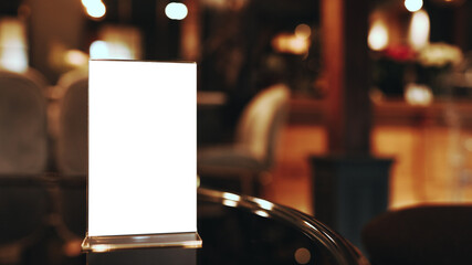 cafe menu. Menu frame standing on wood table in Bar restaurant cafe. space for text marketing promotion