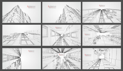 Architecture wireframe background set. Building blueprints vector. 3dbuilding wireframe architectural building. EPS 10 vector.