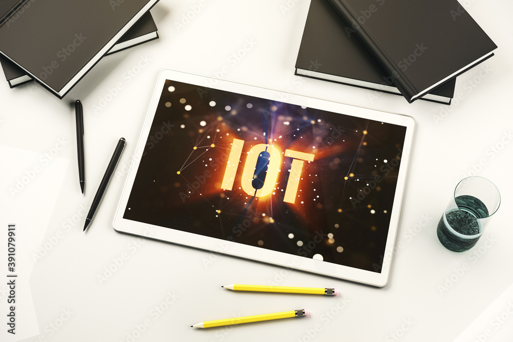 Poster Creative IOT hologram on modern digital tablet screen, internet of things concept. Top view. 3D Rendering