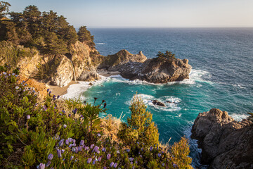 Mcway falls - Pacific coast highway in Big Sur, California, USA in the afternoon with wild flowers. © kanonsky