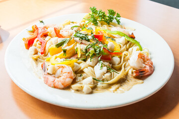 Delicious Seafood fettuccine pasta white sauce