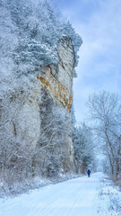 View of Missouri River bluffs on cold winter day; trees and ground are covered with snow; small...