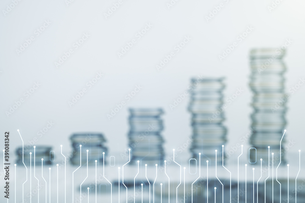 Poster abstract virtual microscheme illustration on stacks of coins background. big data and database conce