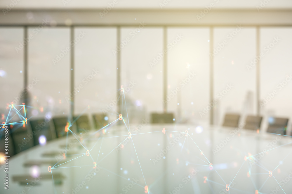 Poster double exposure of abstract virtual technology hologram on a modern meeting room background. researc