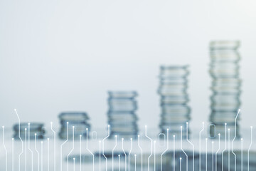 Abstract virtual microscheme illustration on stacks of coins background. Big data and database concept. Multiexposure