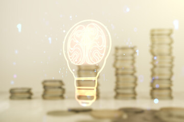 Abstract virtual light bulb illustration with human brain on coins background, future technology concept. Multiexposure