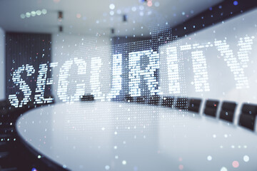 Virtual cyber security creative concept on a modern furnished office background. Double exposure