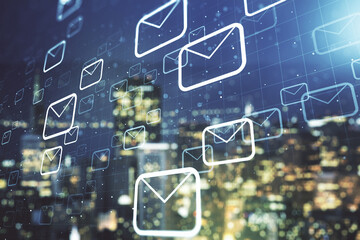 Double exposure of abstract virtual postal envelopes hologram on blurry cityscape background. Electronic mail and spam concept