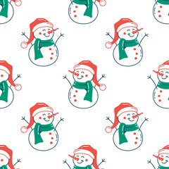 Snowmen flat seamless pattern. Christmas colour vector texture. Winter cartoon wrapping paper design