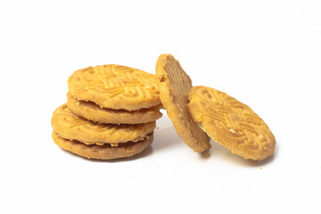 Delicious wheat biscuits decorated stack isolated on white background