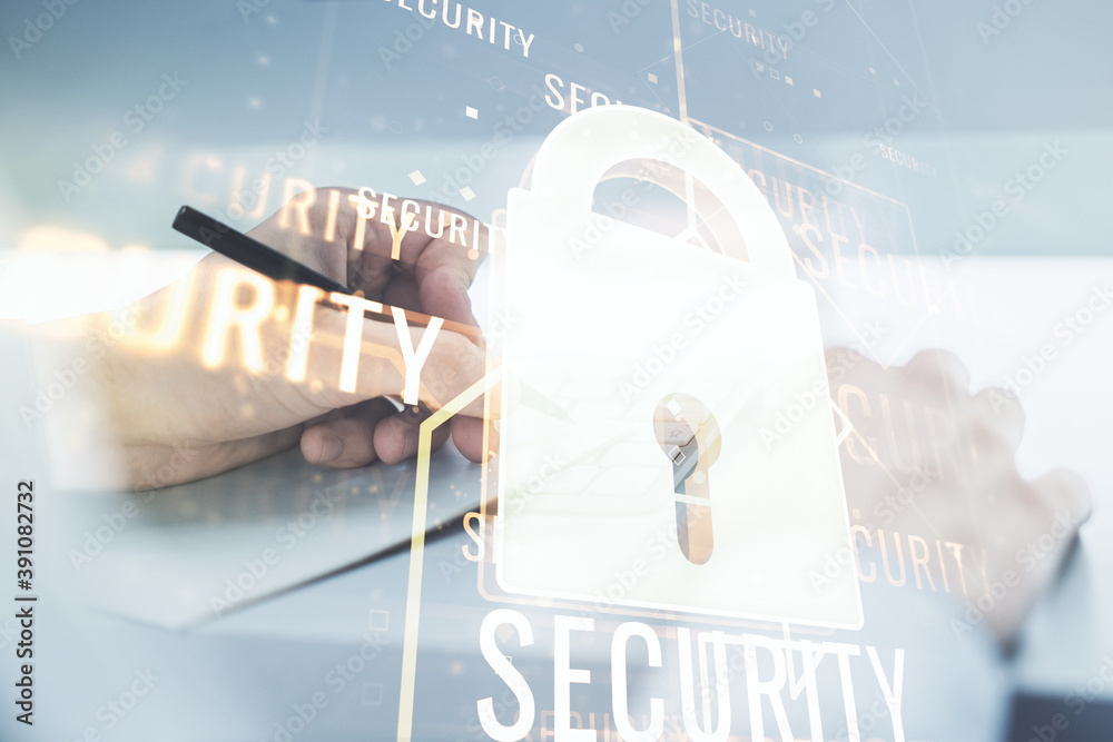 Aufkleber Creative lock illustration with microcircuit and hand writing in diary on background with laptop, cyber security concept. Multiexposure