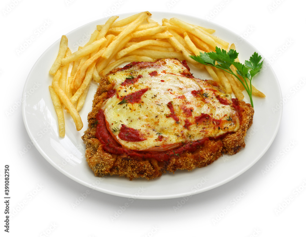 Wall mural milanesa a la napolitana, argentina breaded beef cutlet with mozzarella cheese & tomato sauce