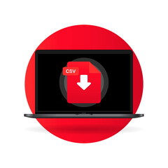 Obraz premium Laptop and download CSV file icon. Document downloading concept. CSV label and down arrow sign. Vector on isolated background. EPS 10