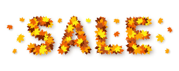 Sale word made from maple leaves over white background