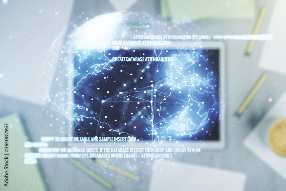 Poster double exposure of abstract creative programming illustration with world map and modern digital tabl