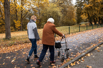 Fototapeta premium Elderly woman taking a walk with granddaughter with the help of a walker in winter