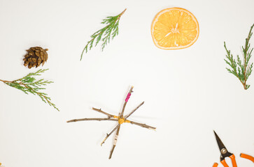 Step by step making of wooden branch star. Christmas tree zero waste decoration. Holiday craft guide 