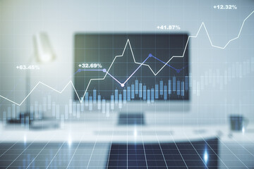 Double exposure of abstract creative financial chart on modern laptop background, research and strategy concept