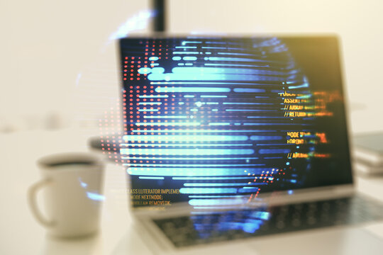 Multi exposure of abstract graphic coding sketch with world map on modern computer background, big data and networking concept