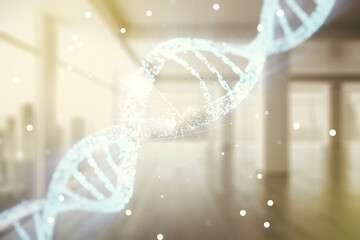 Virtual DNA symbol illustration on empty corporate office background. Genome research concept. Multiexposure