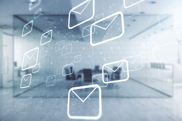 Abstract virtual postal envelopes hologram on a modern furnished classroom background, email and notification concept. Multiexposure