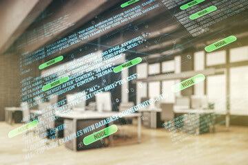 Multi exposure of abstract graphic coding sketch on a modern furnished classroom background, big data and networking concept