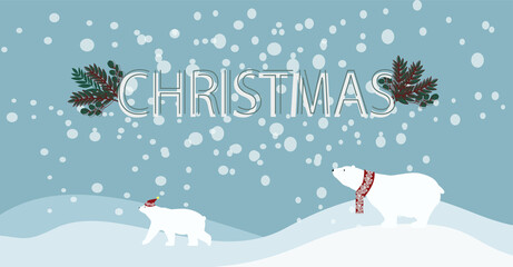 Fototapeta na wymiar beautiful Christmas card. 2021. the image of polar bears in Christmas hats and scarves with the inscription happy Christmas. Perfect for printing banners, postcards and other graphics generics. EPS10