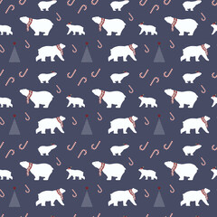 a beautiful new year's seamless pattern for the coming 2021. image of polar bears sweets and branches of Christmas trees. EPS 10