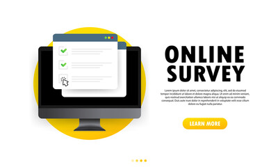 Fototapeta premium Online survey illustration. Check list online form on computer. Report on website or web internet survey, exam checklist. Browser window with check marks. Vector on isolated white background. EPS 10