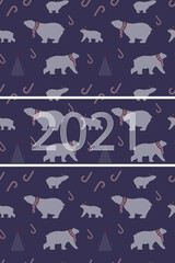 beautiful Christmas card. 2021. image of polar bears in Christmas hats and scarves with the inscription 2021. Perfect for printing banners, postcards, and other graphics. generics. EPS 10
