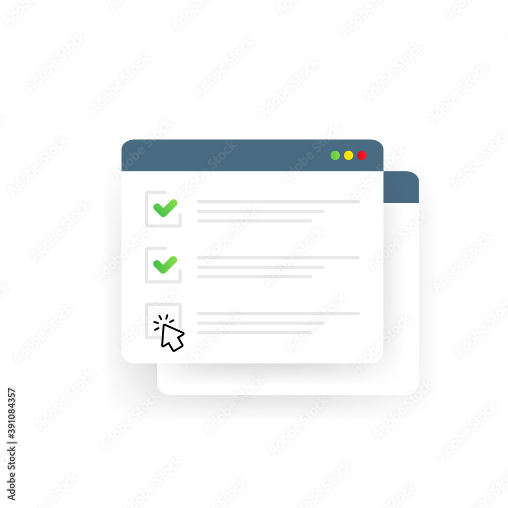 Poster check list online form. report on website or web internet survey, exam checklist vector. illustratio