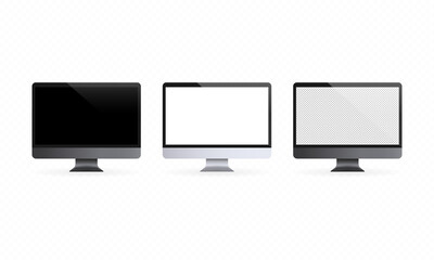 Realistic desktop computer with blank display. PC in front and side view. In black, silver and space gray color. Vector on isolated transparent background. EPS 10