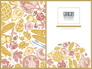 Menu cover design with pastel pumpkin, fork, knife, pears, turkey, pumpkin pie, apple pie, corn, apples, rowan, maple, oak