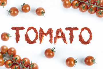 Ready-made composition of the inscription tomato paste and tomato.