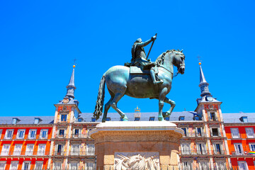 Statue Philip third at Madrid Downtown . Famous Plaza Mayor in Spain Capital 