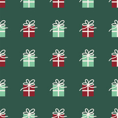 Obraz premium Vector green and red wrapped gifts seamless pattern background. Perfect for fabric, scrapbooking, and party paper projects.